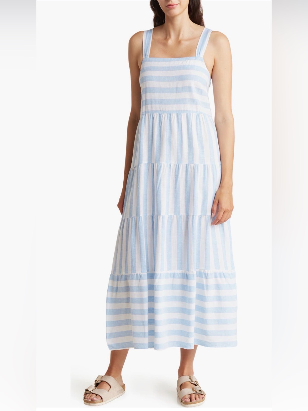 Casa Cabana Striped Square-Neck Tiered Maxi Dress In Light Blue And White Xl